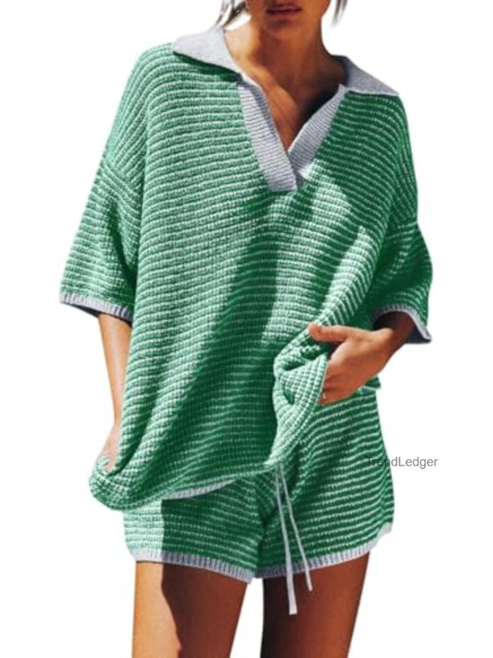 Womens 2 Piece Sweater Set 3/4 Sleeve V Neck Top & Shorts Lounge Set